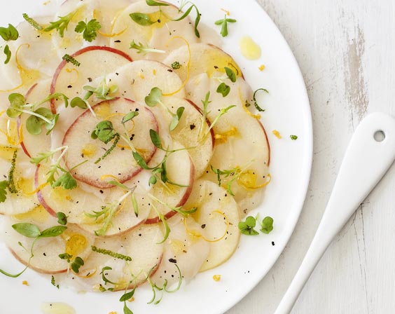 Miss Chef® apfel-carpaccio und jakobsmuscheln, yuzu-dressing