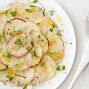 Miss Chef® apfel-carpaccio und jakobsmuscheln, yuzu-dressing